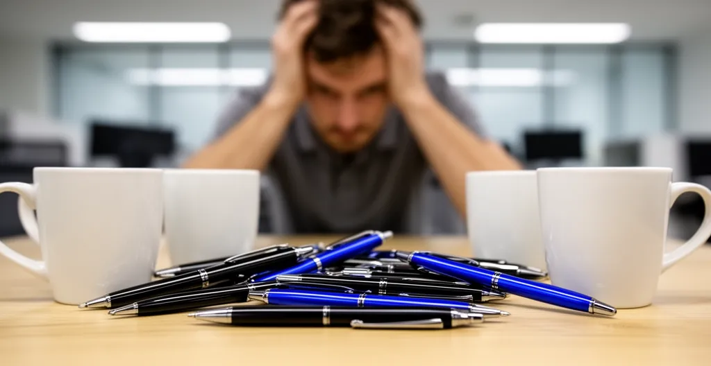 Objets publicitaires défectueux posés sur bureau avec responsable en arrière-plan