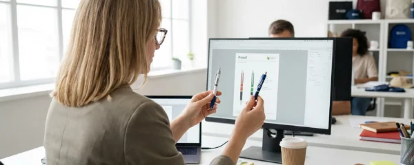 Responsable marketing examinant des stylos publicitaires sur bureau moderne