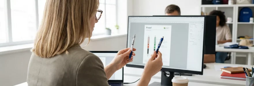 Responsable marketing examinant des stylos publicitaires sur bureau moderne