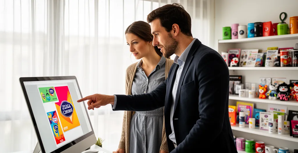 Deux professionnels validant ensemble un visuel sur écran d'ordinateur